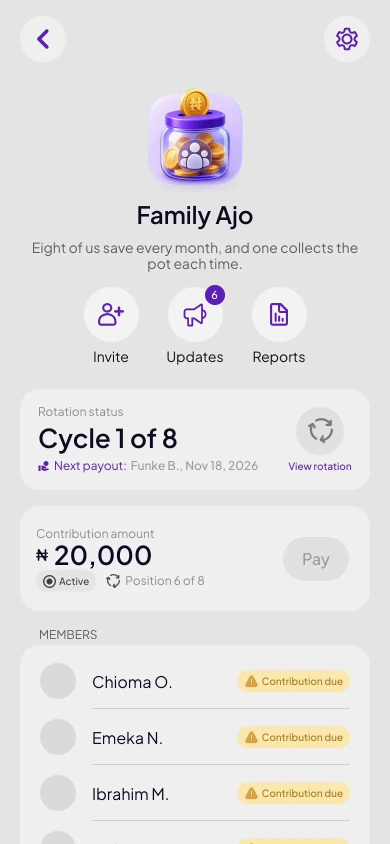 A savings community of eight members in cycle 1 of 8, with a ₦20,000 monthly contribution